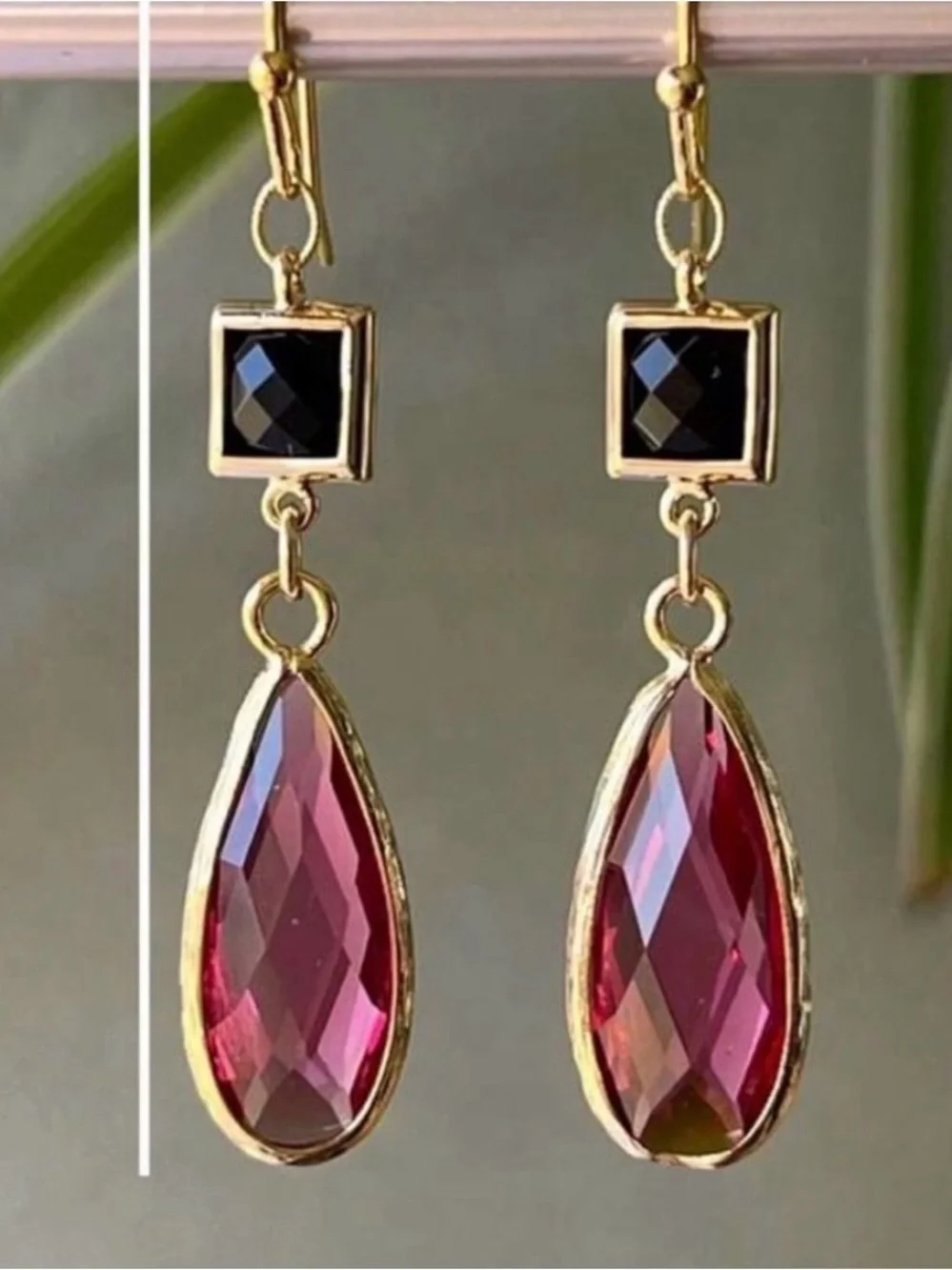 Gold Plated Drop Earrings with Pink Teardrop Crystal
